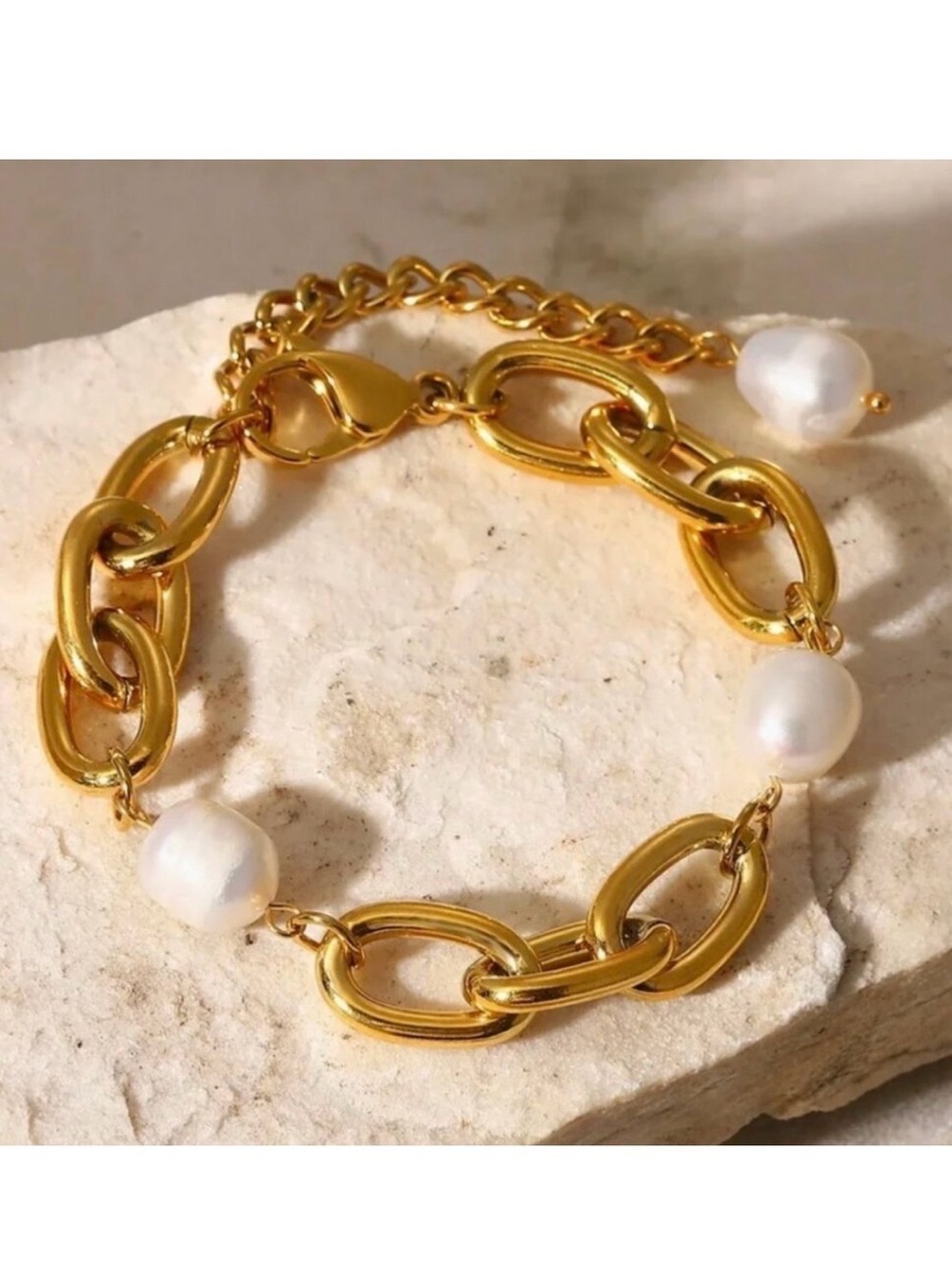 New Statement Chunky Link Bracelet 18K Plated Freshwater Pearl Adjustable Chic